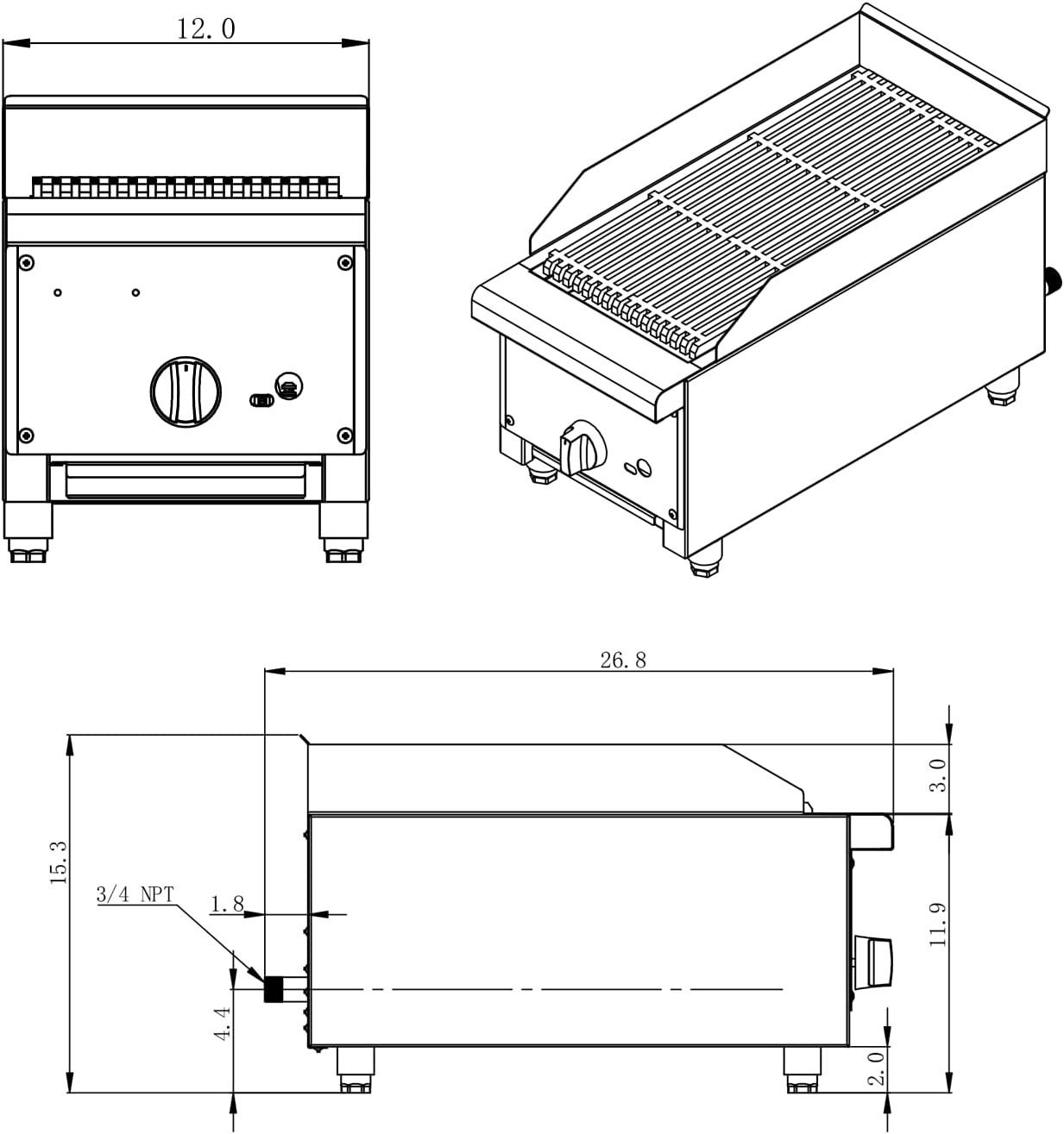 ERUPTA Commercial Stainless steel Charbroilers 12'' Natural/Propane Gas grill with Burners BTU 28,000 Restaurant Equipment