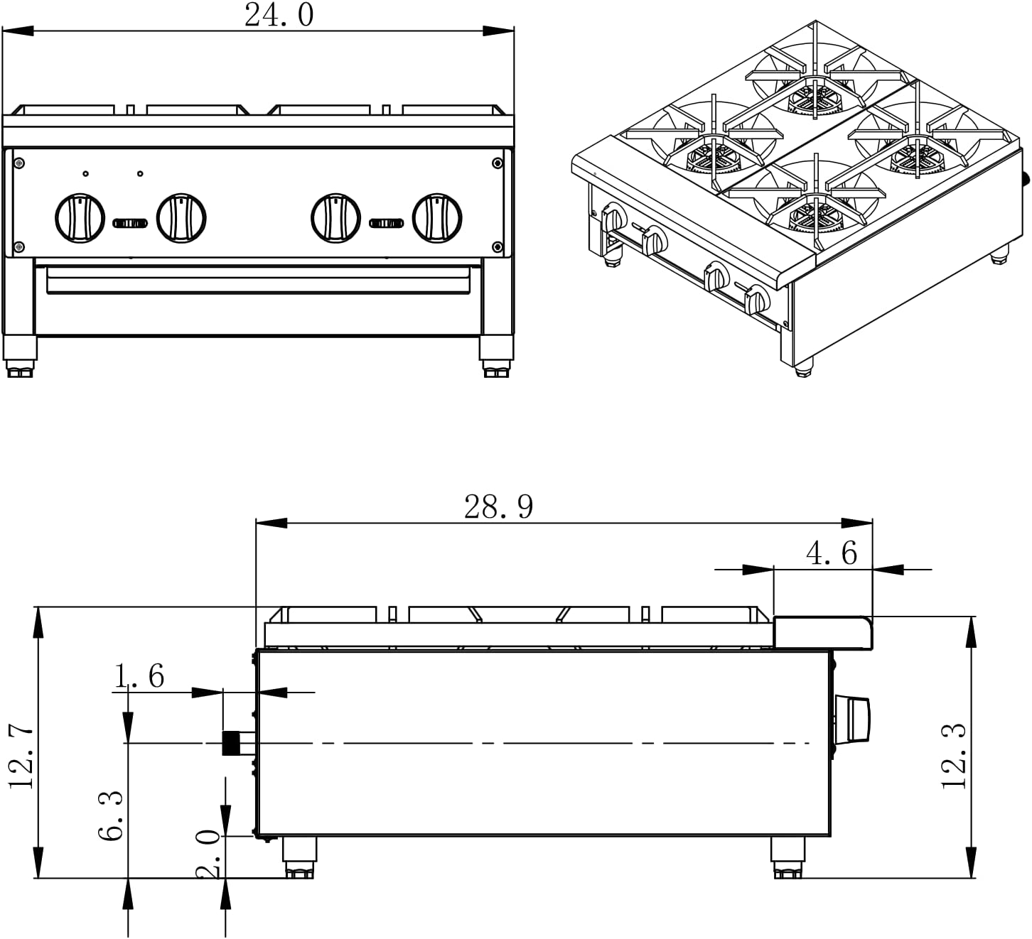 ERUPTA 24'' Commercial Hot Plate Natural/Propane Gas Cook Stove Range with 4 Burners BTU 112,000 Restaurant Equipment